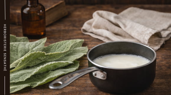 Préparation traditionnelle d’un cataplasme de feuilles de bouillon-blanc dans le lait pour les furoncles et abcès cutanés - Herboristerie Sensathé Préparation traditionnelle d’un cataplasme de feuilles de bouillon-blanc dans le lait pour les furoncles et abcès cutanés - Herboristerie Sensathé
